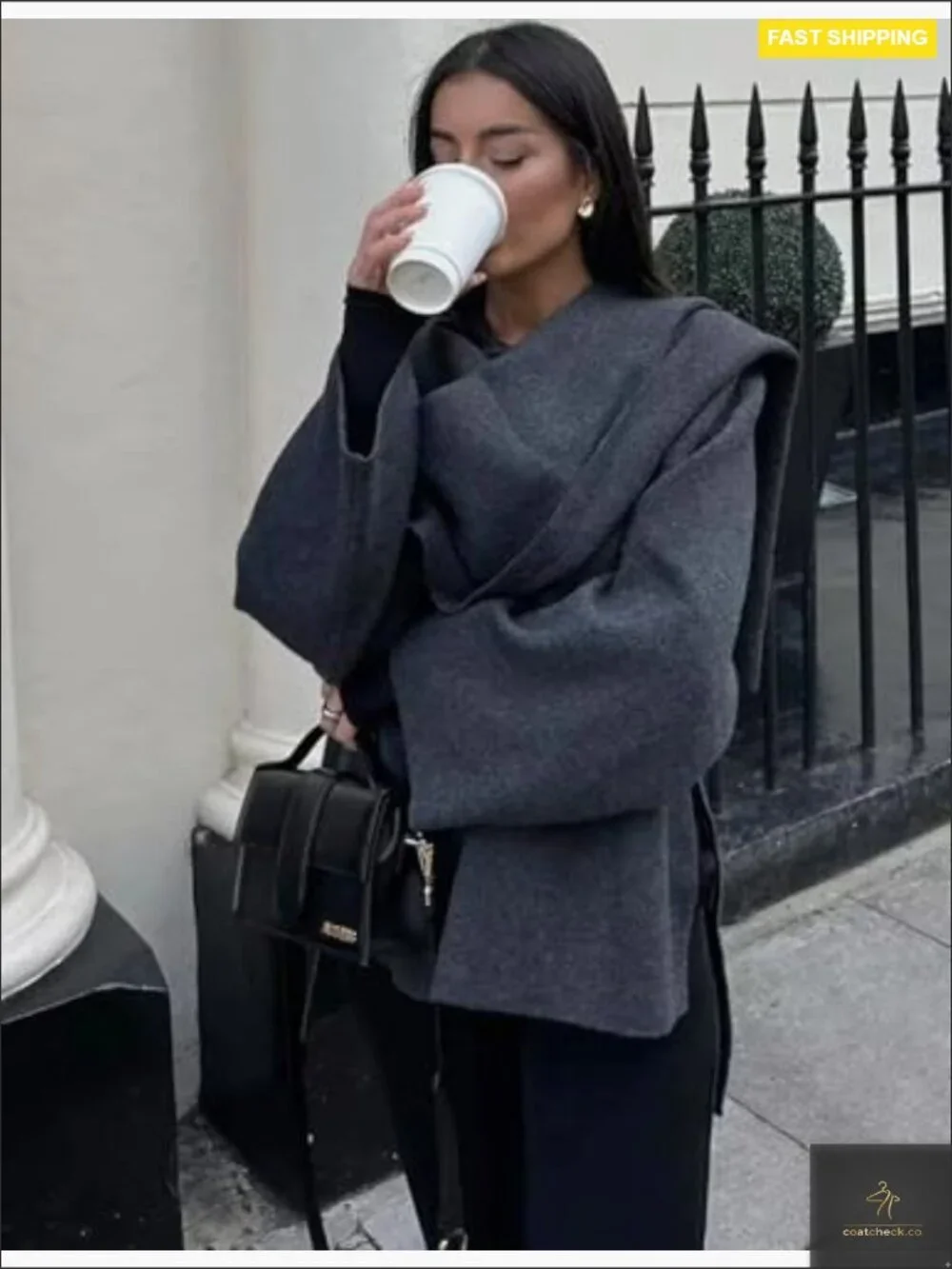 Oversized Peacoat Knit Scarf Jacket Wrap Long Sleeve Button Winter Chic